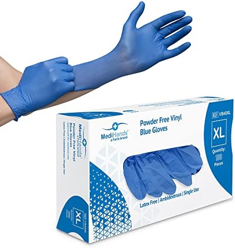 Farla MediHands Blue Extra Large Vinyl Gloves - Box of 100 Disposable Vinyl Medical Glove - Powder, Latex, & Protein Free Glove - Multi-Purpose, Single Use Surgical Gloves