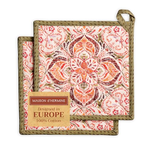 Maison d' Hermine Set di 2 presine damascate con passante, resistenti al calore, per barbecue, cucina, cottura, griglia, microonde, barbecue, Ringraziamento, Natale (20 cm x 20 cm)