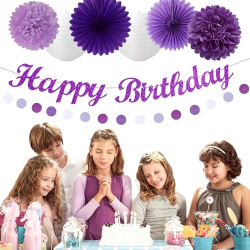 Image of Purple White Birthday Party-Decorations Paper-Flowers - 14pcs Happy Banner Lavender Lanterns Tissue Pom Poms,Lilac Streamers Garland Fans,Women Girls Adult Kids Office Hanging Supplies Decor Hugfond