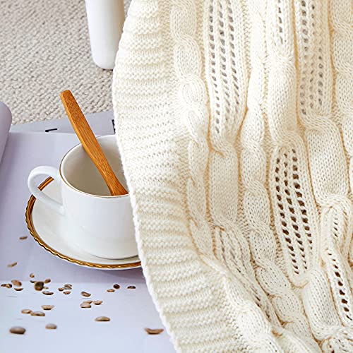 Aormenzy Cable Knit Throw Blankets 50 X 60 Inches, Soft Cozy And Lightweight Knitted Blanket, Machine Washable Acrylic Blanket, Decorative Throw Blanket For Couch Sofa Bed, Cream White #TOP4