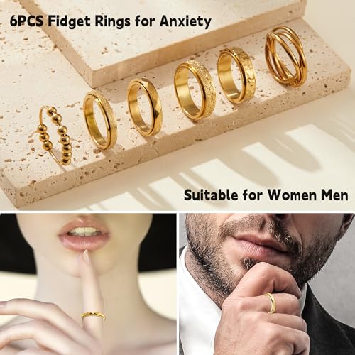 Fidget Rings for Anxiety 6pcs Stainless Steel Spinner Ring Anti Anxiety Ring Spinning Moon Star Cool Stress Relieveing CZ Rings for Women Men Band Rings Set3