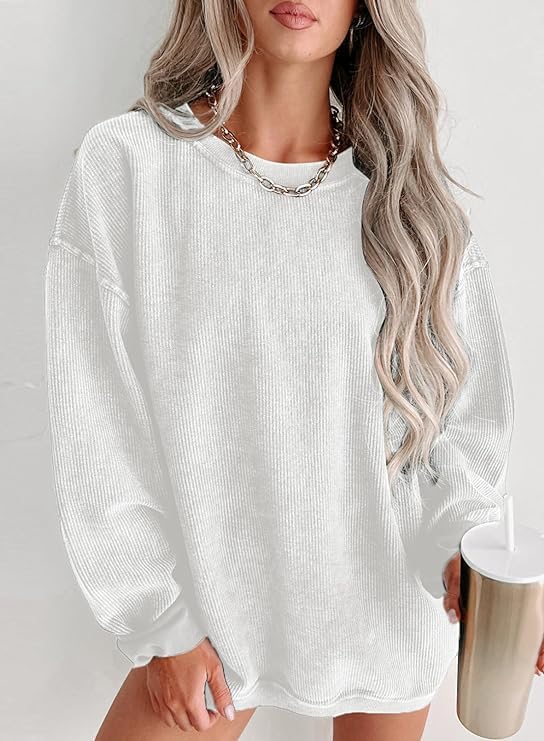 Chvity Womens Crewneck Oversized Corduroy Corded Sweatshirt Casual Long Sleeve Trendy Pullover Comfy Tops - Image 2