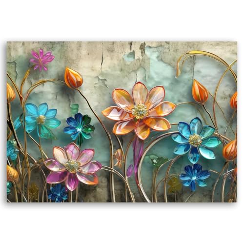 Lienzo moderno 3D de flores con elegante efecto cristal y detalles metálicos