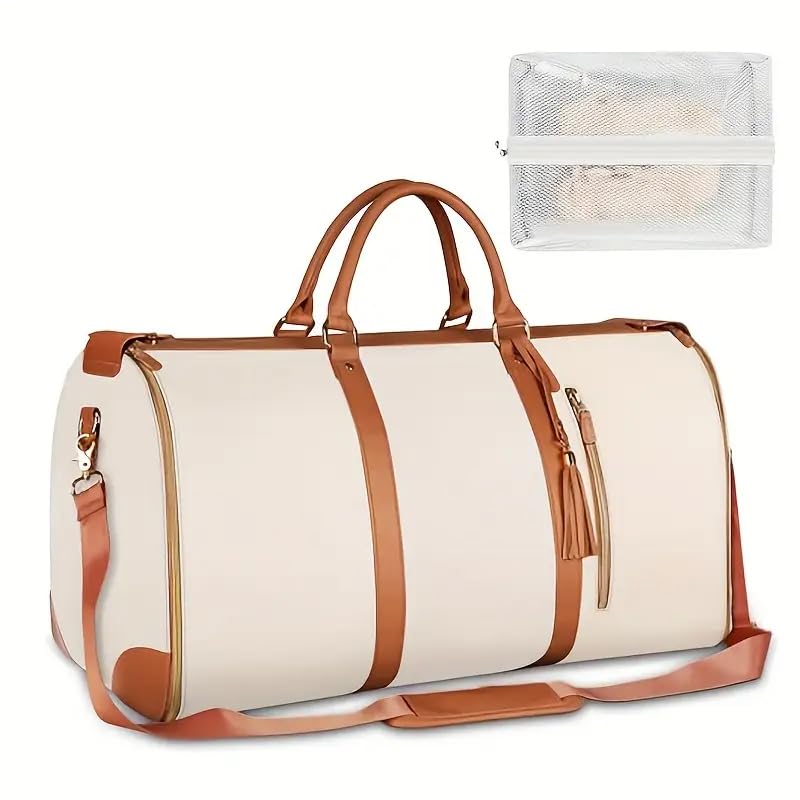 Large Travel Duffel Bag with Shoulder Strap, Beige Faux Leather, Weekend Overnight Carry-On with Laundry Bag