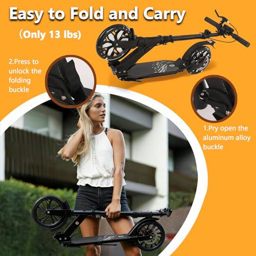 Image of Kick Scooter for Ages 13+, Teens and Adults. Led Light Up Wheels, 4 Levels Adjustable Handlebar, Dual Brakes, Anti-Slip Pedal, Foldable 8in Big Wheels for Kids (300lbs)
