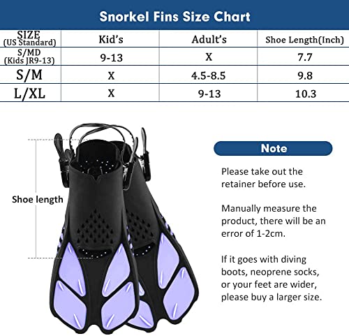 Image of Sugaroom Swim Fins Open Heel, Adjustable Snorkel Fins Diving Fins with Mesh Bag, Snorkeling Gear Flippers for Lap Swimming Scuba Dive Adult Men Women Kids (Purple, L /XL(Adult US Size 9-13))