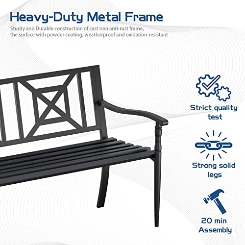Maemttes Outdoor Bench Garden Bench, Weatherproof Anti-Rust Heavy-Duty Outside Bench Clearance, Wrought Iron Metal Bench for Front Porch, Patio, Park