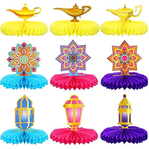 9 Pcs Arabian Party Decoration Colorful Lantern Mandala Honeycomb Centerpiece Lamp Indian Party Supplies for Table Eid Mubarak Moroccan Birthday Party Decor, 9 Styles Cover