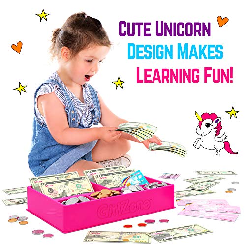 GirlZone Unicorn Money Play Set for Kids – Realistic Dollar Bills, Coins, Credit & Debit Cards & Checkbook.
