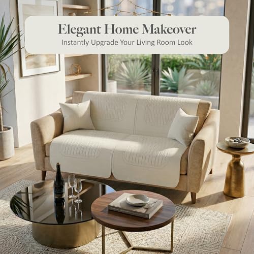 Image of Kuber Industries 2 Seater Sofa Cover | Slipcover for Living Room | Thick & Cozy | Non-Slip Comfort Sofa Cover Set Set | Columbia 258003 - Cream