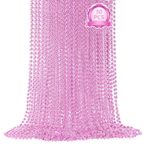 SHAOQINLIN 30 PCS Pink Bead Necklace, 33" Pink Mardi Gras Beads, Breast Cancer Awareness Beaded Necklaces, Party Beads for Mardi Gras, Christmas, Valentine's Day, Wedding, Gender Reveal Party Favors, Mother's Day Decor