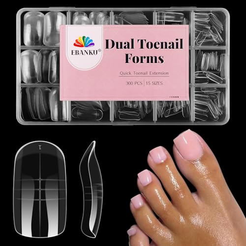 EBANKU 300 PCS Poly Gel Nail Forms for Toes Long Square Dual Forms for Polygel Pedi Nail Extension Poly Gel Toenails Set Reusable Toe Nail Tips Mold