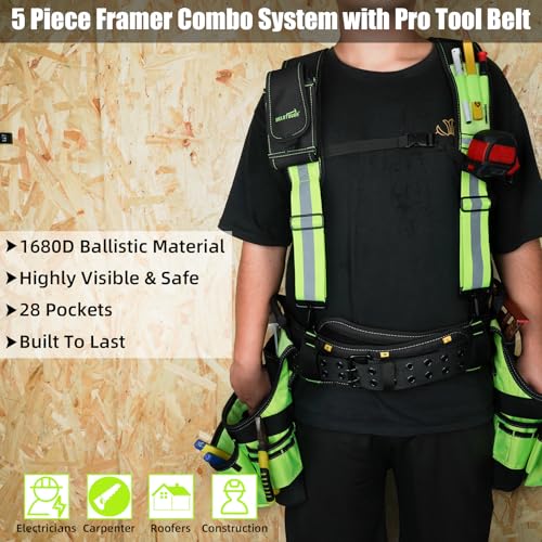 Image of MELOTOUGH Reflective Safety Tool Belt with Suspenders Tool Bag Supenders Framers Comb Apron Construction Tool Pouch Builder Heavy Duty Carpenter Suspension Rig for Electrician, Roofing