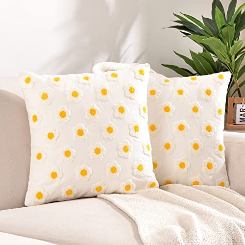 Sioloc Pack Of 2 Flower Decorative Throw Pillow Covers Jacquard Pillowcase Soft Square Cushion Cozy Pillowcase For Couch Bedroom(White,18X18 Inch) #TOP28
