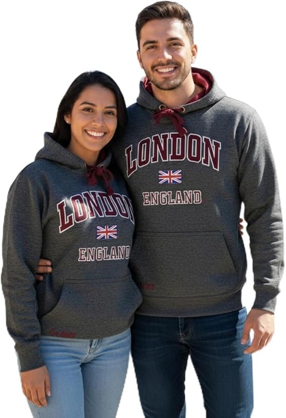 – LE129CM Unisex London England Hoodie – Charcoal Grey Hooded Sweatshirt with Maroon Lining, Union Jack Embroidery, Cotton Blend Pullover XS–4XL