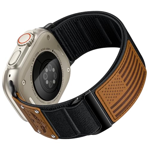 WJK Rugged Band Compatible with Apple Watch Ultra 2 3 Band 49mm 46mm 45mm 44mm 42mm for Men Women, Nylon Soft Woven Leather Stars-Stripes Flag Sport Strap for iWatch Series 11 10 9 8 7 6 5 4 3 2 1 SE, Black