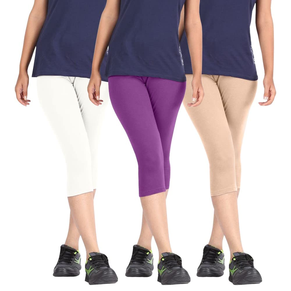 Biowashed Cotton Stretchable Capri Legging Combo Pack of 3 for Women/Girls/Ladies (White, Purple and Beige) - Free Size-picture-43