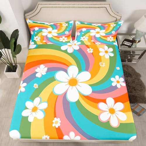 Image of Cartoon Flowers Bed Sheet Queen Set Colorful Stripes Sheets Sets Adults Bedroom Decor Rainbow Hippie Microfiber Bedding Set with Flat,Fitted Sheet,2 Pillow Cases