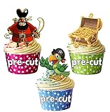 12 X Perroquet Pirate Barbe noire Doré décorations comestibles en gaufrette pour cupcakes
