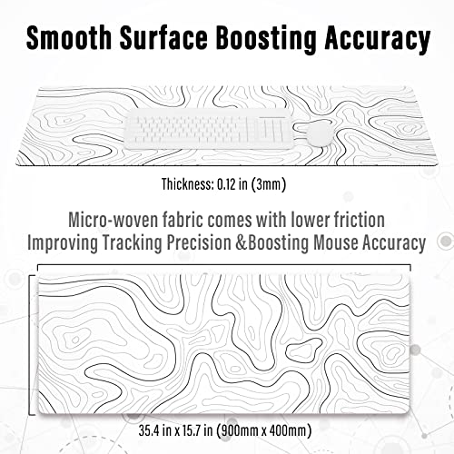 Image of Ovenbird Large Gaming Mouse Pad with Stitched Edges, Minimalist Topographic Map Desk Mat, Extended XL Mousepad with Anti-Slip Base, Cool Desk Pad for Keyboard and Mouse, 35.4 x 15.7 in, White