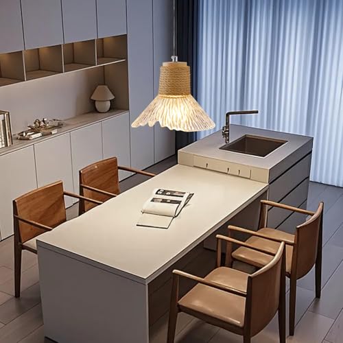 Dalouguan Pendant Light with Clear Striped Glass Lampshade, Boho Hemp Rope Woven Vintage Chandelier, Adjustable Height Hanging Island Light for Dining Room Living Room Hallway — view 6