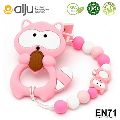 mamimemima" Pack Chupetero + Mordedor Silicona Baby Mapache Rosa" Chupetero Mordedor de Silicona Antibacteriana/Alivio en la etapa de dentición