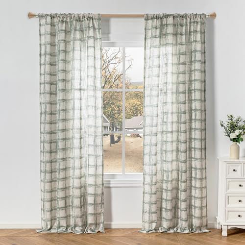 Image of MYSKY HOME Living Room Curtains Nice Vertical Elegant Style for Patio Pergola Gazebo, Soft Touch Plaid Light Filtering Drapes for Doorways Sliding Glass Door, 50 inch Wide x 95 inch Long, Sage Green, 2 PCs