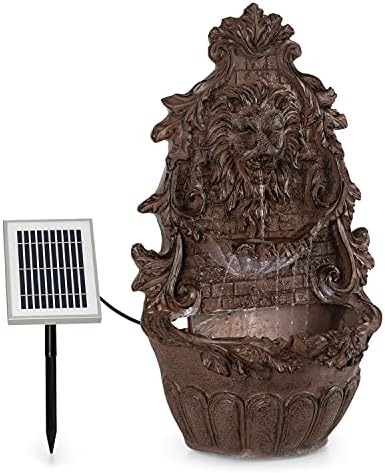 blumfeldt Wenstein Wall Fountain - Garden Solar Fountain, Lion Head, 2W Solar Pump, Material: Polyresin, 4 White LED Lights, 5m Cable, Solar Panel w/Lithium Battery, Stone Imitation, Rust