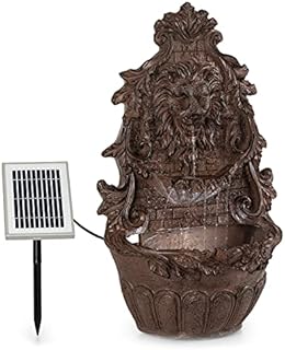 blumfeldt Wenstein Wall Fountain - Garden Solar Fountain, Lion Head, 2W Solar Pump, Material: Polyresin, 4 White LED Lights, 5m Cable, Solar Panel w/Lithium Battery, Stone Imitation, Rust