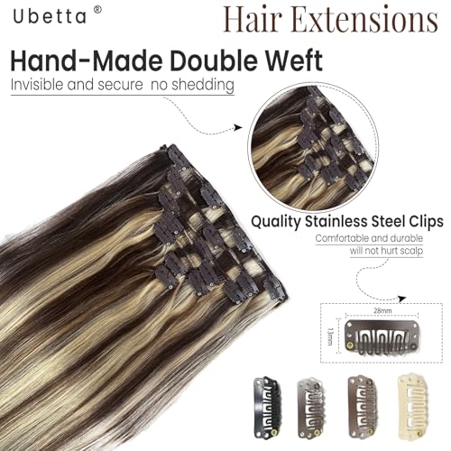 Image of Clip in Hair Extensions Real Human Hair, Chocolate Brown Balayage Blonde Highlights Hair Extensions Real Human Hair Clip ins 7pcs 70G 12 Inch Clip in Hair Extension Human Hair Clip in Extensions