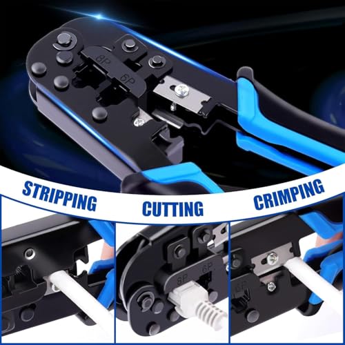 Image of RJ45 Networking Crimping Tool Kit - Meshiv Crimping Machine for Cat6A, Cat5E, Cat5, Ethernet - 50PCS RJ45 Connector, Network Lan Tester, Cut and Strip Tool (4 in 1 Tool Kit)