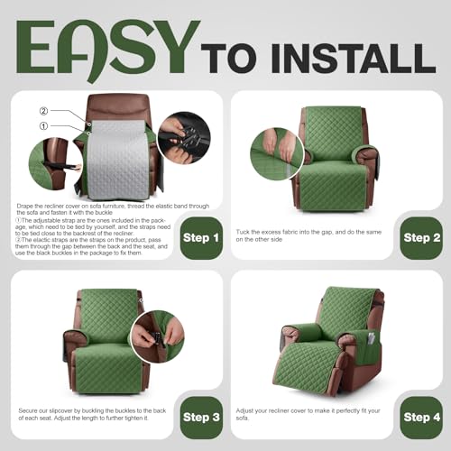 Image of KinCam 100% Waterproof Recliner Chair Cover, Reclining Couch Covers for Pets, Dogs, Recliner Couch Slipcover Furniture Protector with Elastic Straps for Kids(23.6 inch, Vine Green)