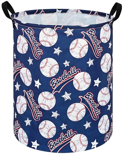 Image of Round Baseball Pattern Laundry Hamper Clothes Storage Basket Fabric Storage Hamper Organization Storage Bin, Nursery Box,Gift Basket with Handles