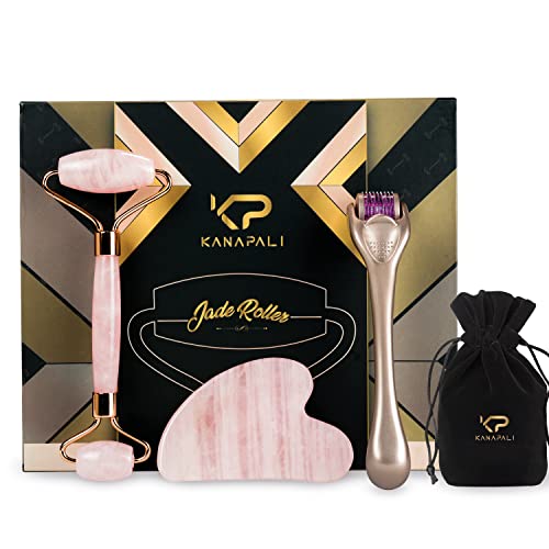 Kanapali Jade Roller 4in1 Anti-Falten und Hautpflege-Set | Dermaroller | GuaSha Schaber | Hautstraffung und Muskel Entspannung | Zertifiziertes Vitamin-C-Serum für Anti-Aging Effekt +2 Beutel