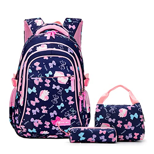 Juego de mochila de escuela primaria con diseño de gato con diseño de lazo, 3 piezas, Azul profundo., 3Pcs Backpack set Cover