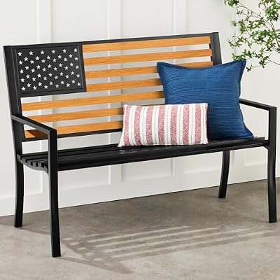 Best Choice Products Outdoor Bench 2-Person Steel Indoor/Outdoor Bench for Garden, Patio, Porch, Entryway w/American Flag, 790lb Capacity – Black/Wood