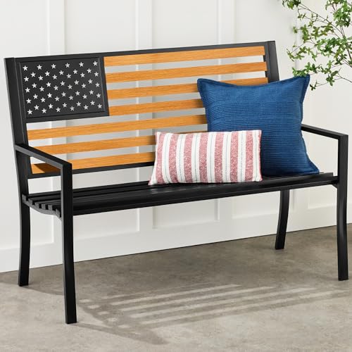 Best Choice Products Outdoor Bench 2-Person Steel Indoor/Outdoor Bench for Garden, Patio, Porch, Entryway w/American Flag, 790lb Capacity – Black/Wood