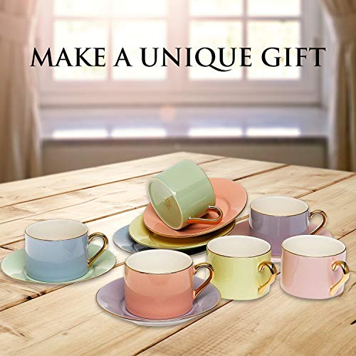 Yedi Houseware Classic Coffee and Tea Cups & Saucers|Complete, Premium Quality Porcelain Set In Beautiful Pastel Colors with Gold Plated Rims & Handles|Stunning Hostess Gift Idea|7oz (Set of 6)