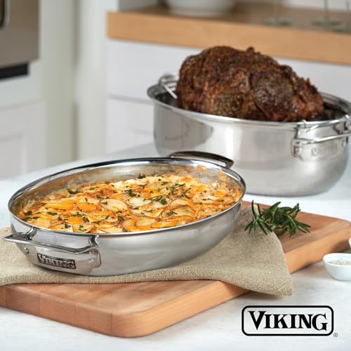 Image of Viking 3-Ply Oval Roasting Pan, 8.5 Quart, Stainless Steel Kitchen Cookware with Metal Induction Lid and Rack, Great for Turkey, Dishwasher and Oven Safe, Silver