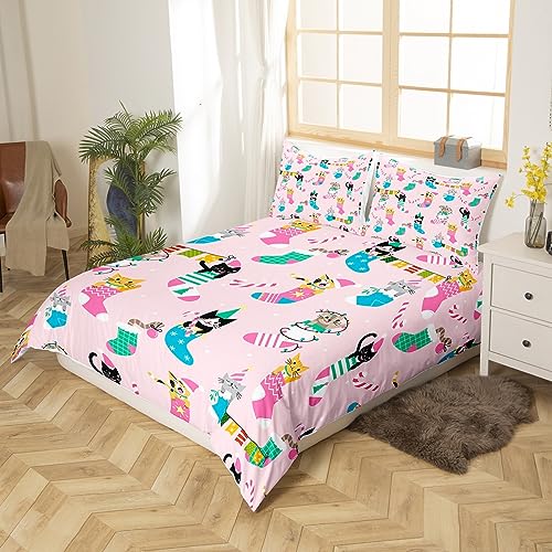 Pink Christmas Bedding Set Kids Cute Cat Comforter Cover Set for Boys Teens Duvet Cover Socks Pink Bedspread Cover Room Decor Quilt Cover Double - Image 2
