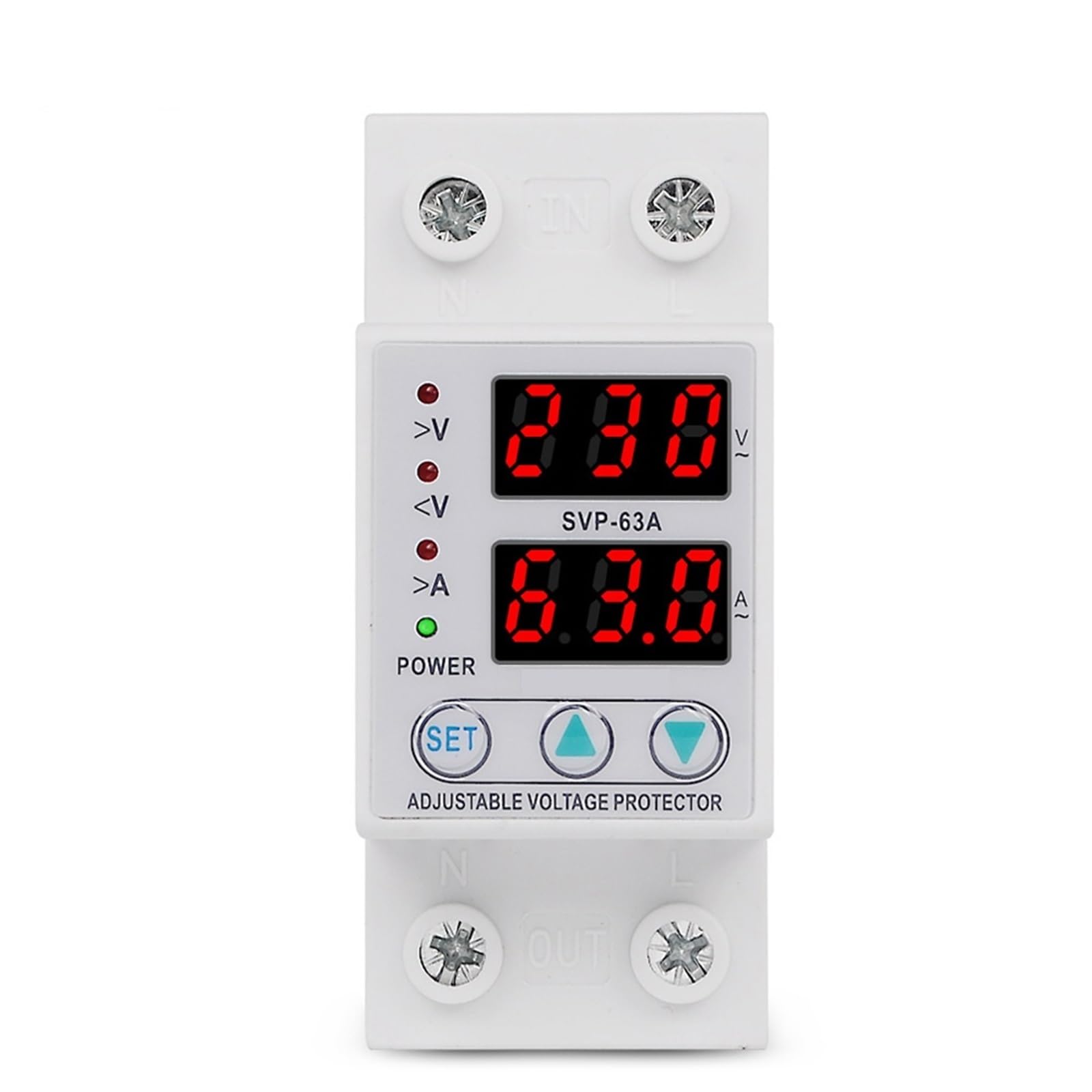 Protector de sobrevoltaje relé automático inteligente 220V 63A con corte por sobrecorriente 7