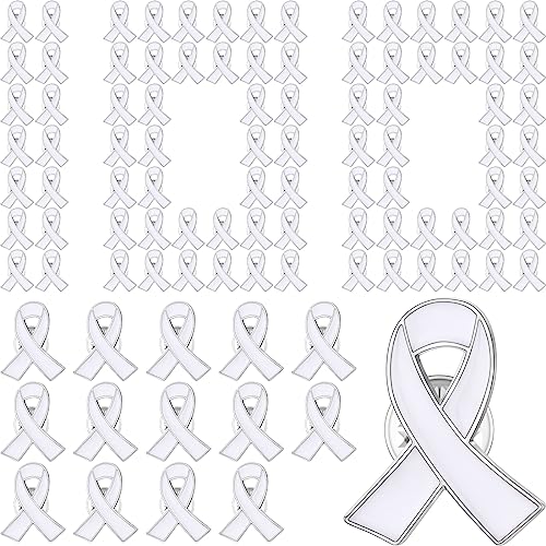 Batiyeer 100 Pcs Lung Cancer Awareness Pin White Ribbon Brooches Bulk Enamel Lapel Bones Support Present Gift Survivor Badge for Men Women Survivor