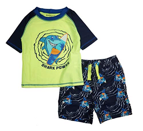 Quicksand Boys' 2-Piece UPF 50+ Rash Guard and Swimsuit Trunks Set, 12M, Yellow Shark Power