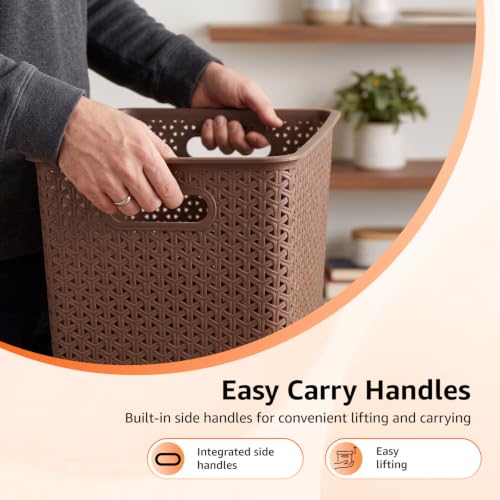 Image of Amazon Basics Set of 3 (Small, Medium, Large) Plastic Storage Baskets with Lid Stackable Shelf Basket, Storage Box & Organiser for Wardrobe, Kitchen,Clothes, Toys, Books, Office (Brown, Rectangular)