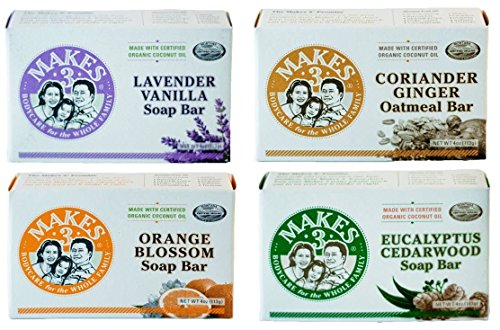 Makes 3 Organic Natural Bar Soap VARIETY PACK For Sensitive & Dry Skin (EWG Product) – Lavender Vanilla, Orange Blossom, Coriander Ginger & Eucalyptus Cedarwood, 4 Oz Each (Pack of 4 Different Scents)