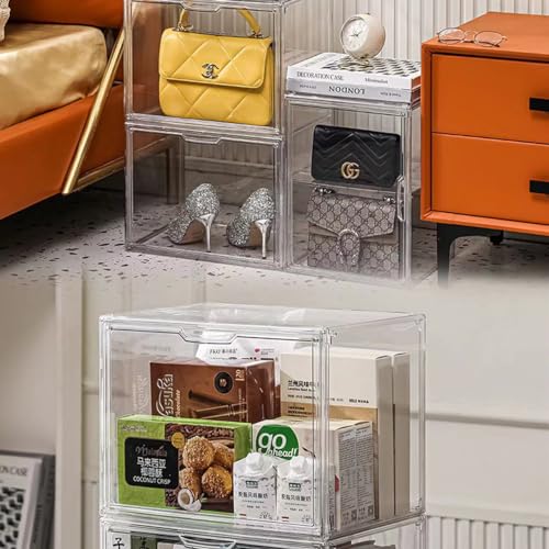 Image of BOHOIDEE 4 Tiers Clear Acrylic Display Case for Closet, Purse Storage Organizers Box, Plastic Storage Bins with 3 Adjustable Divider and Magnetic Door