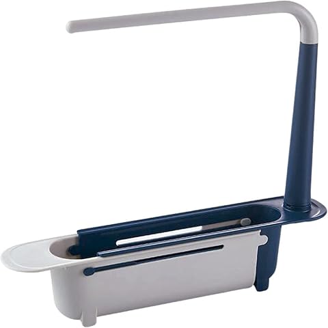 Organizador escurridor de utensilios retráctil y acoplable para el fregadero (blanco&azul)