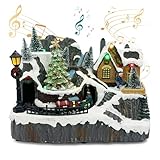 Tarocynn Christmas Village House Tree Figurine with Music and Light, Moving Tree and Train Display Indoor Decorations