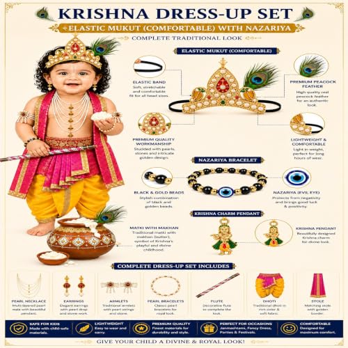 Image of Raj Fancy Dresses Luxury Krishna Pagri for Kids Boys & Girls | Bal Gopal Kanha Janmashtami Turban with 3 Mor Pankh & Pearl Work | Fancy Dress, School Function & Photoshoot Headgear | Only Pagri