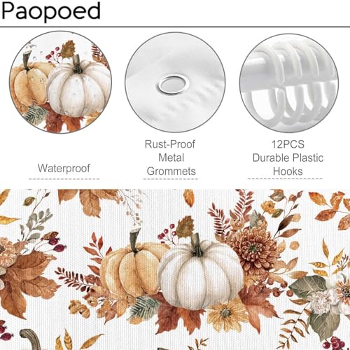 PAOPOED Fall Pumpkin Shower Curtain 72"x72" Waterproof Polyester, Autumn Leaves Floral Thanksgiving Bathroom Decor Includes 12 Hooks by PAOPOED - Used condition - Image 5